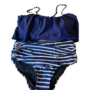Ruofei Woman's Two Piece High Waist Swimsuit Size Small New Navy Blue with White